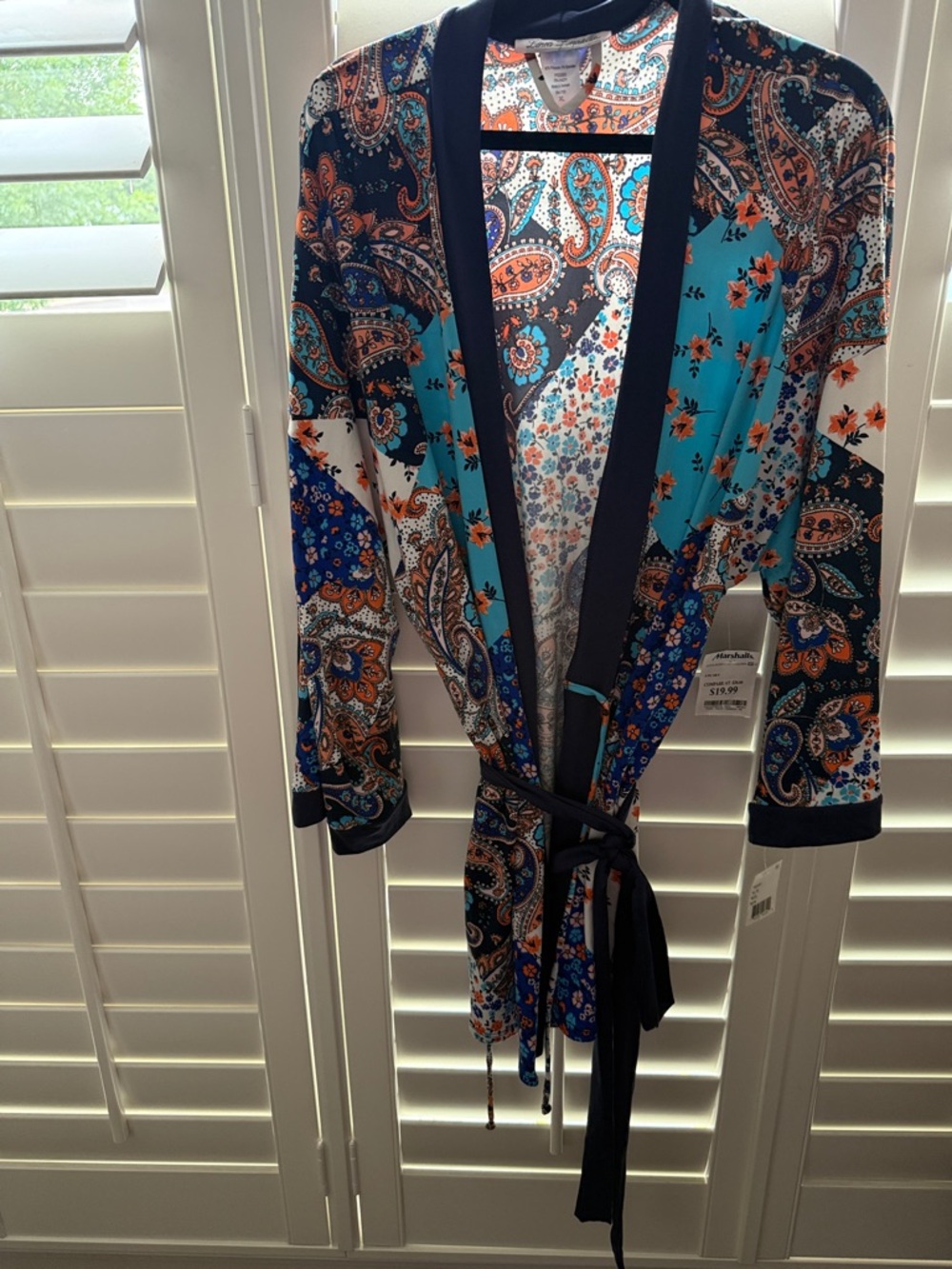 Linea Donatella Teal, Navy & White Paisley Satin Robe